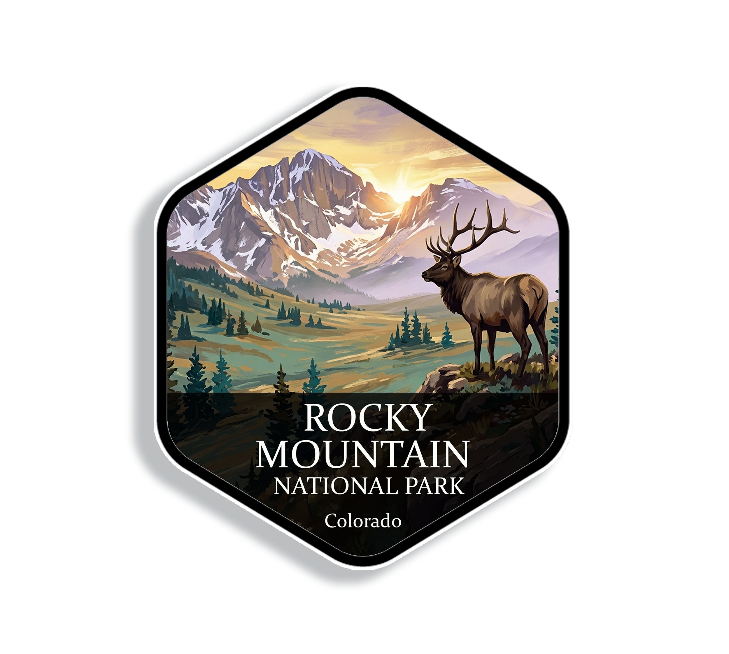Hexagonal Rocky Mountain National Park sticker badge with a bull elk on a rocky rise above an alpine meadow below snow-streaked peaks at sunrise