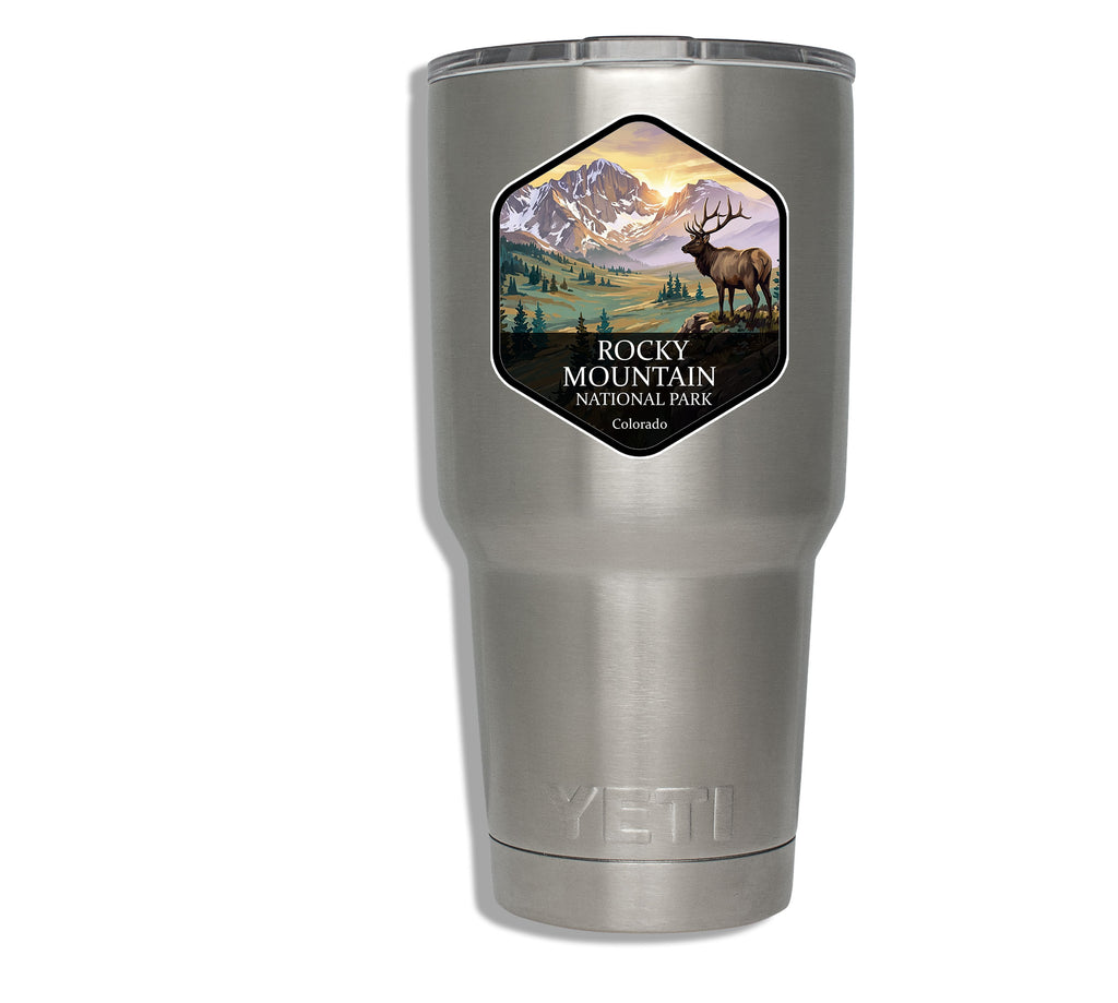 Rocky Mountain National Park badge sticker applied to a stainless steel insulated tumbler