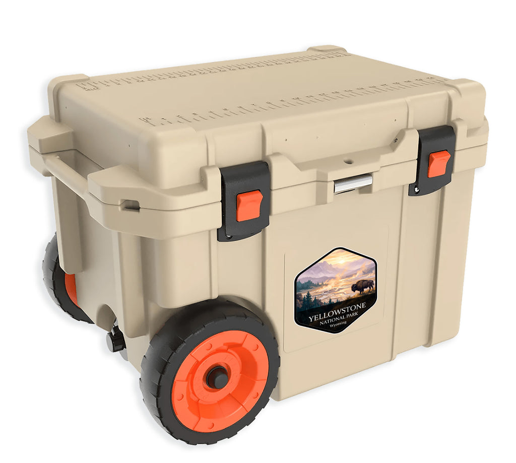 Yellowstone National Park badge sticker applied to the side of a tan hard-sided cooler