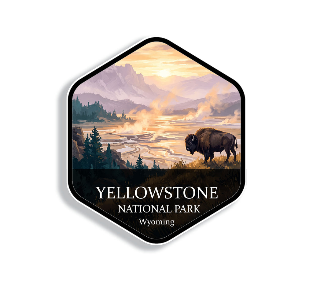 Hexagonal Yellowstone National Park sticker badge with a bison on a rise above a steaming geyser basin at sunrise
