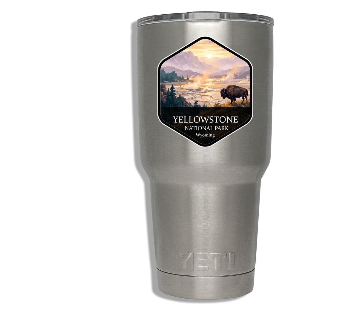 Yellowstone National Park badge sticker applied to a stainless steel insulated tumbler