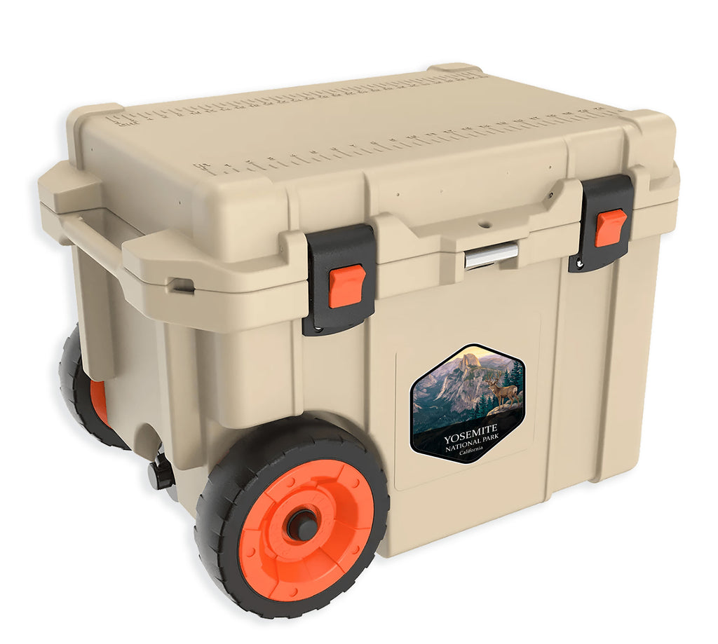 Yosemite National Park badge sticker applied to the side of a tan hard-sided cooler