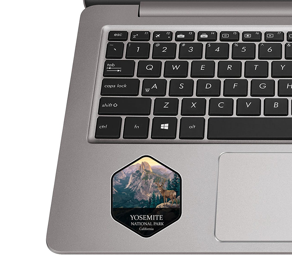 Yosemite National Park badge sticker applied to the palm rest of a silver laptop