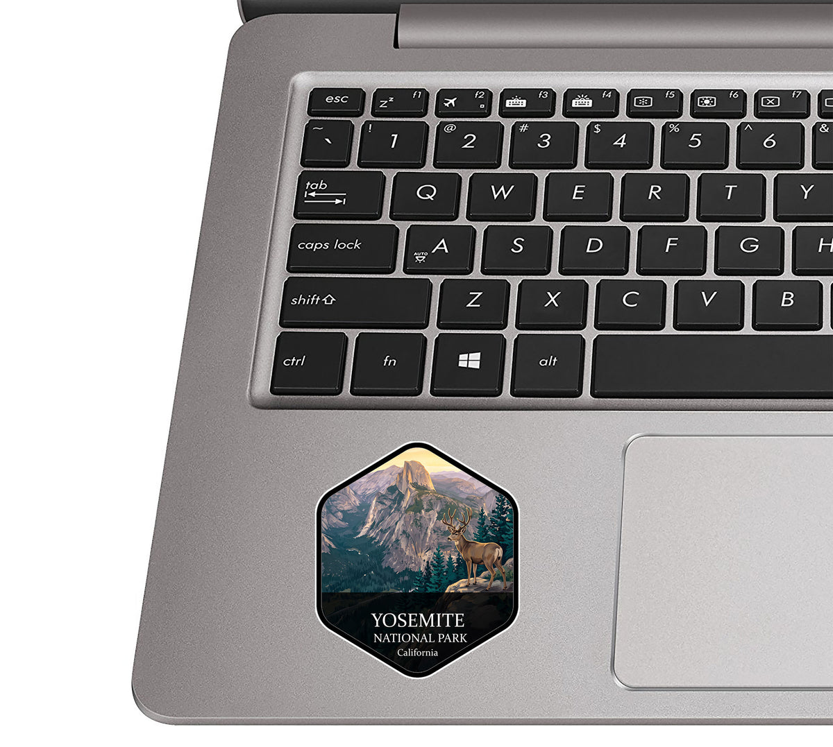Yosemite National Park badge sticker applied to the palm rest of a silver laptop