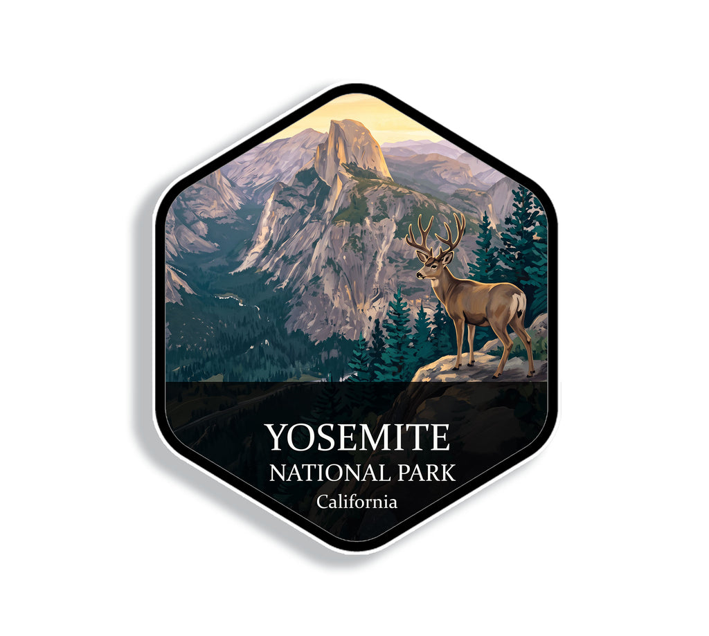 Hexagonal Yosemite National Park sticker badge with a mule deer on a granite outcrop below Half Dome at sunrise