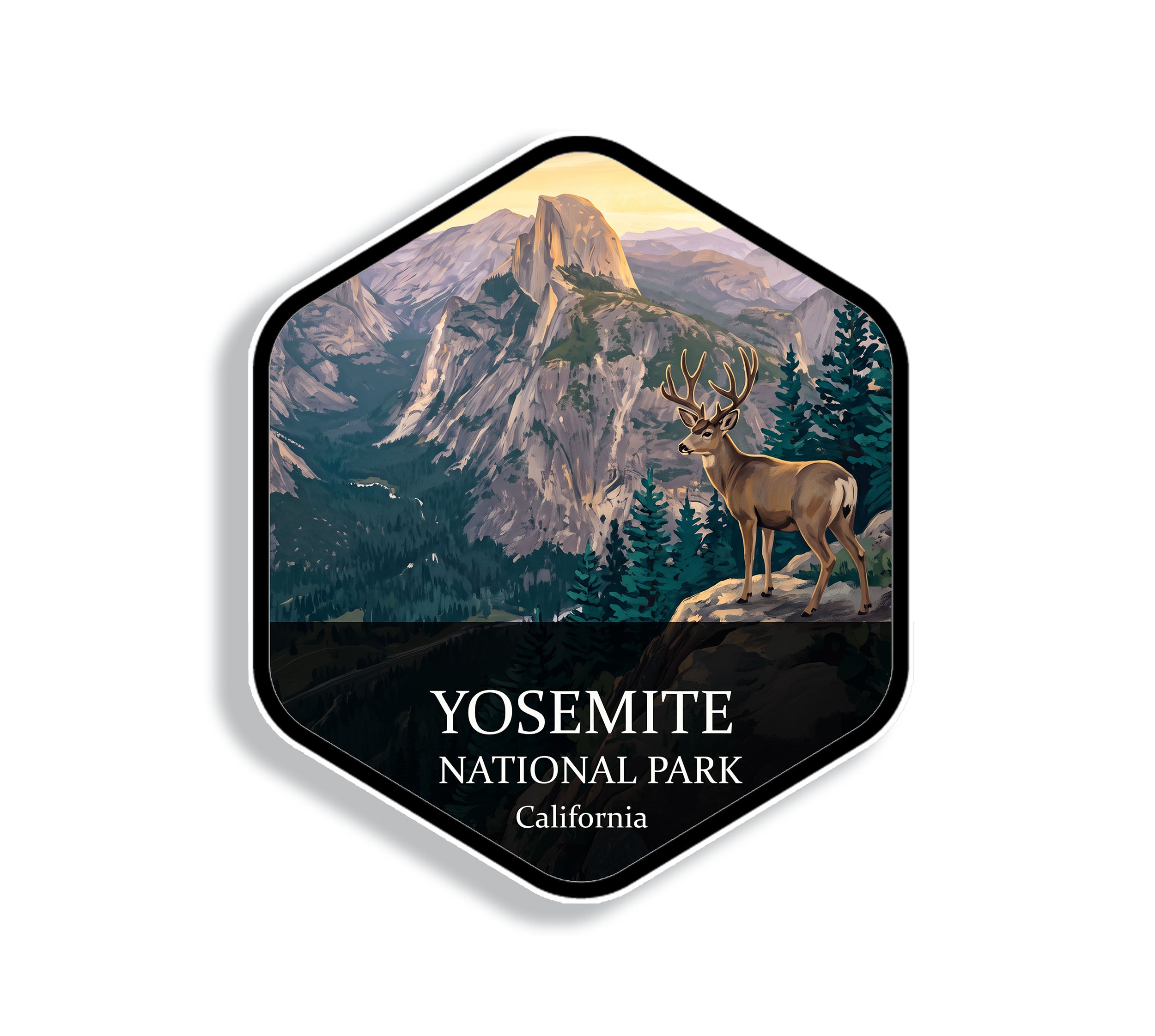 Hexagonal Yosemite National Park sticker badge with a mule deer on a granite outcrop below Half Dome at sunrise