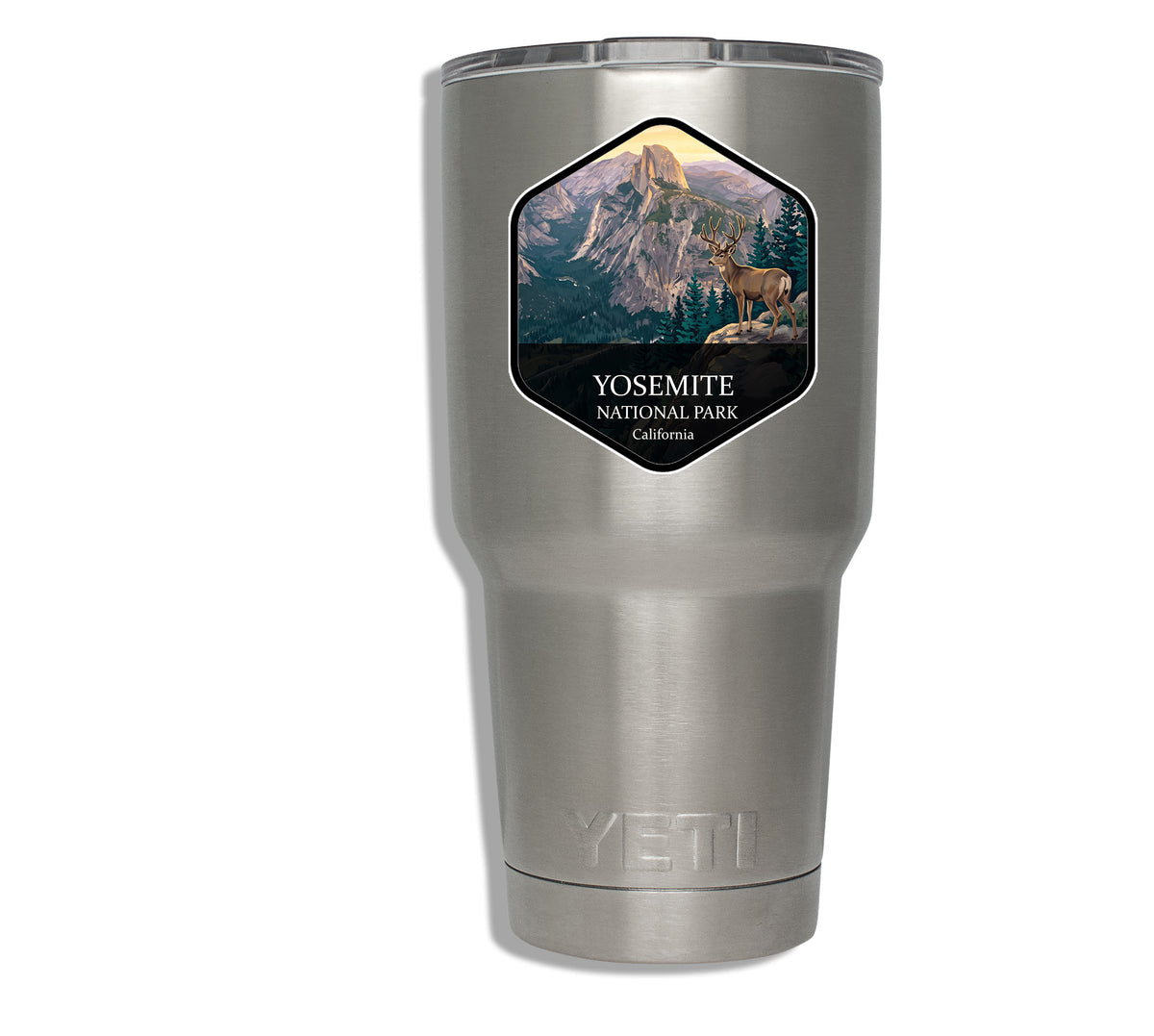 Yosemite National Park badge sticker applied to a stainless steel insulated tumbler