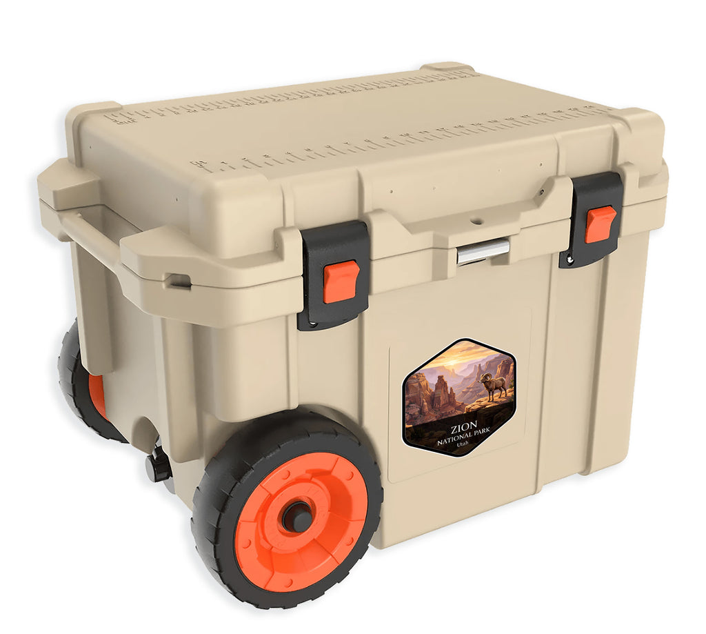 Zion National Park badge sticker applied to the side of a tan hard-sided cooler