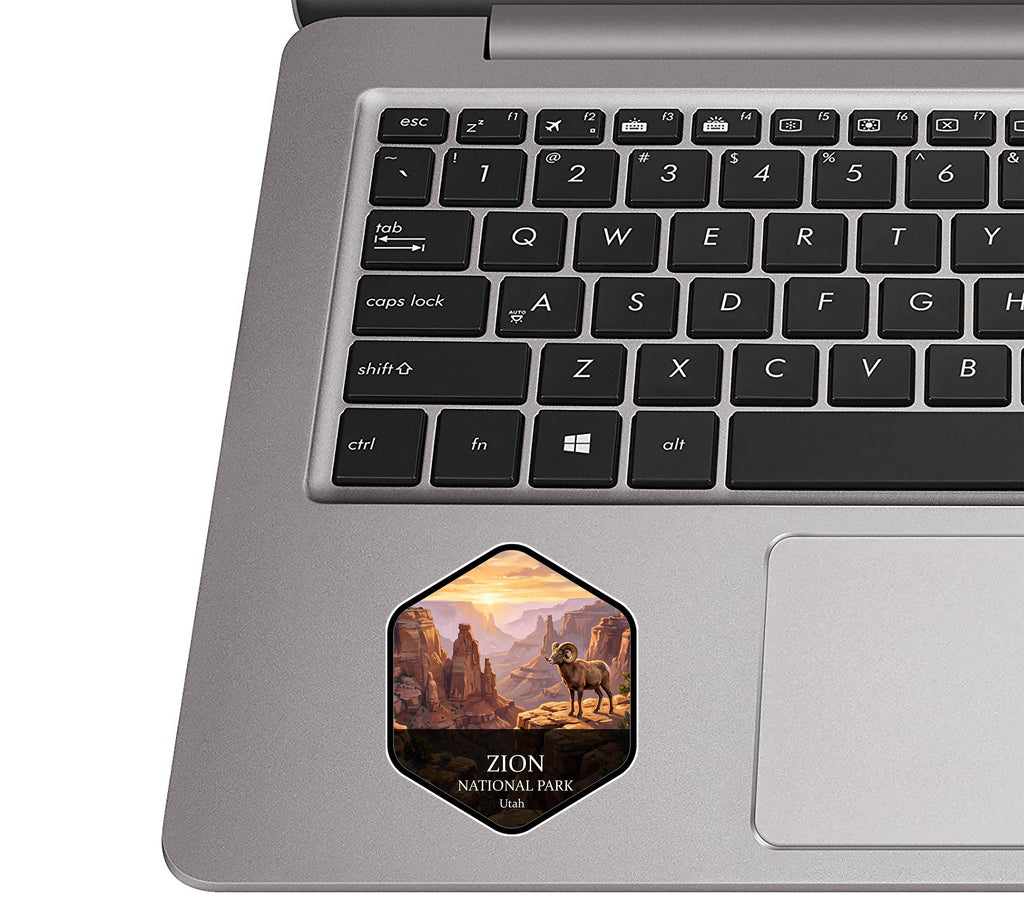 Zion National Park badge sticker applied to the palm rest of a silver laptop