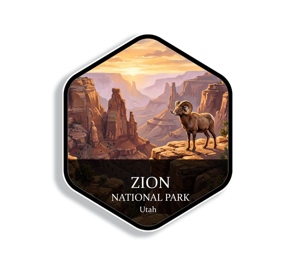 Hexagonal Zion National Park sticker badge with a desert bighorn sheep standing on a ledge above red sandstone canyon walls at sunrise