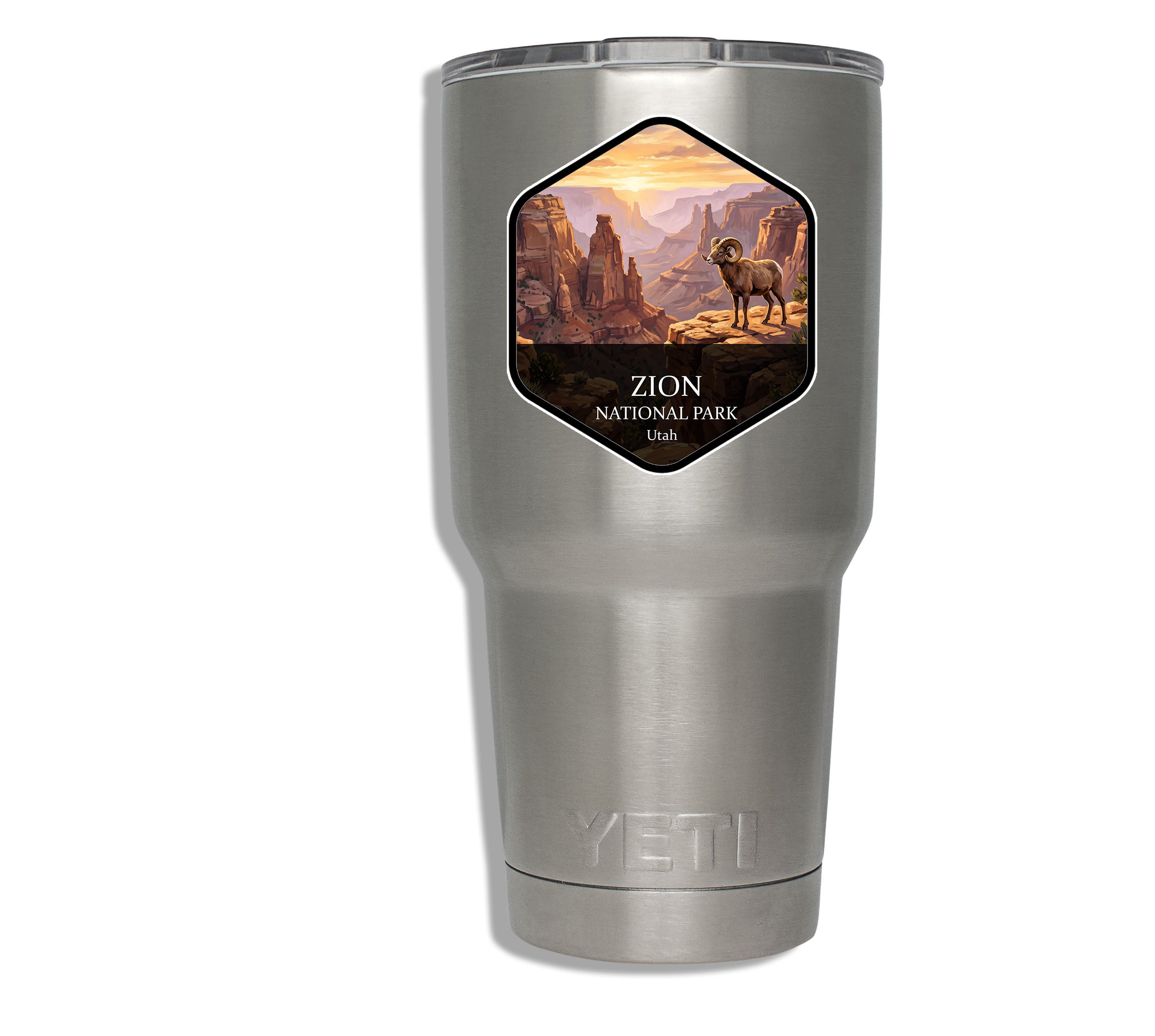 Zion National Park badge sticker applied to a stainless steel insulated tumbler