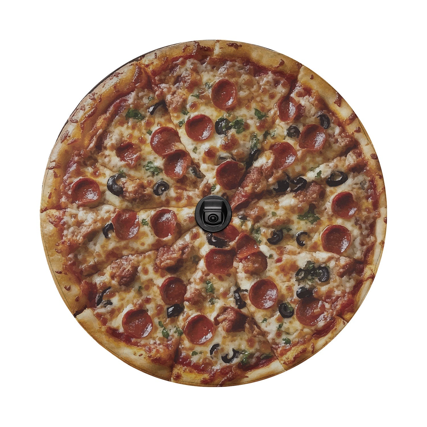 NY pepperoni pizza spare tire cover mounted on red Ford Bronco rear tailgate desert mockup template