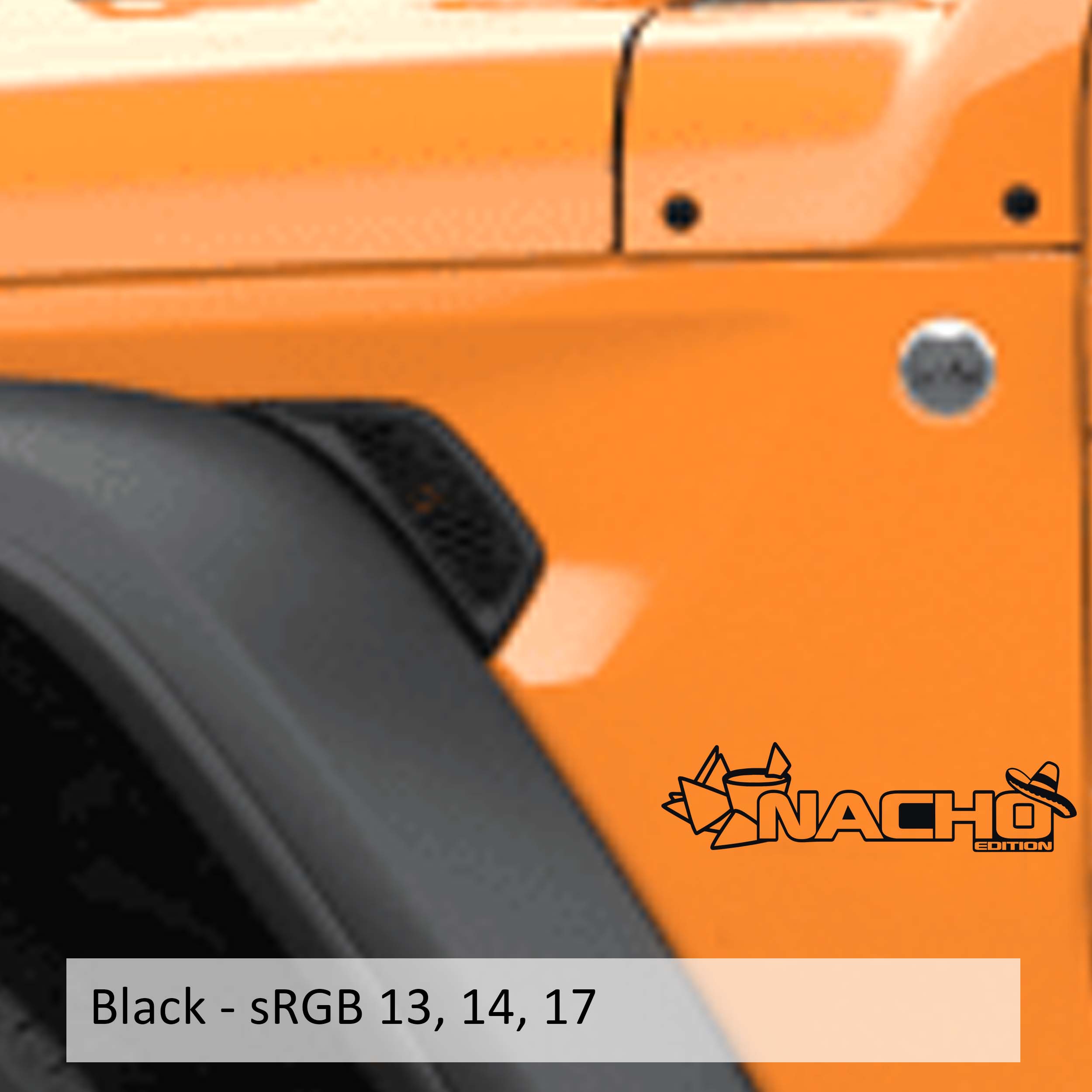 Black Nacho Chip Edition v2 Wrangler Gladiator fender decal pair on transparent transfer sheet preview