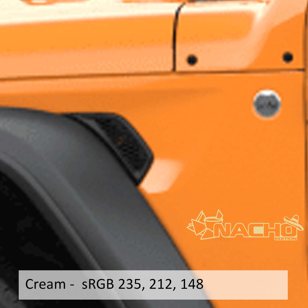 Cream Nacho Chip Edition v2 Wrangler Gladiator fender decal pair on transparent transfer sheet preview
