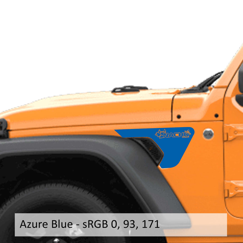 Azure blue Nacho Chip Edition fender vent decal mounted on an orange Jeep Wrangler JL fender