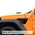 Black Nacho Chip Edition fender vent decal applied to an orange Jeep Wrangler JL front fender
