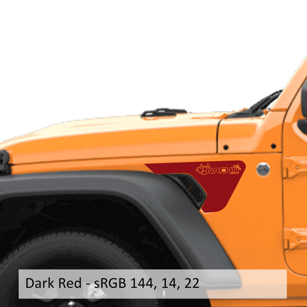 Dark red Nacho Chip Edition fender vent decal applied to an orange Jeep Wrangler JL front fender