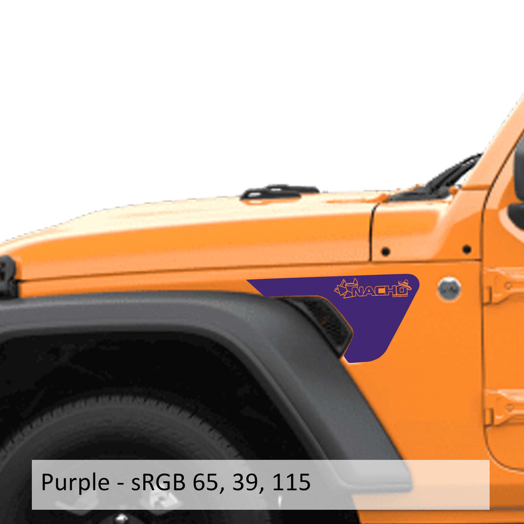 Purple Nacho Chip Edition fender vent decal applied to an orange Jeep Wrangler JL front fender