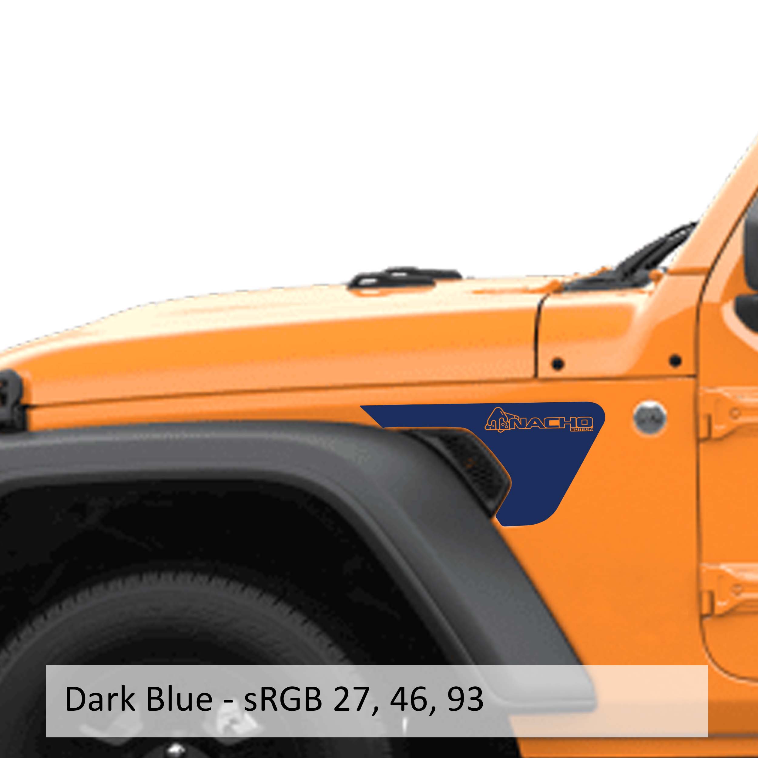 Dark blue Nacho Edition v1 fender vent vinyl transfer decal pair shown laid flat showing logo