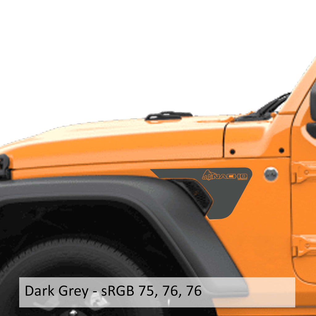 Dark grey Nacho Edition v1 fender vent vinyl transfer decal pair shown laid flat with logo
