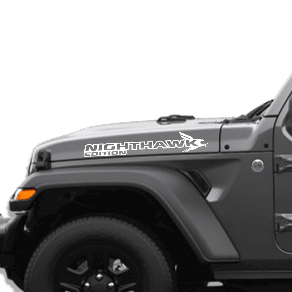 Nighthawk Edition hood decal shown in white for Jeep Wrangler JL and Gladiator JT