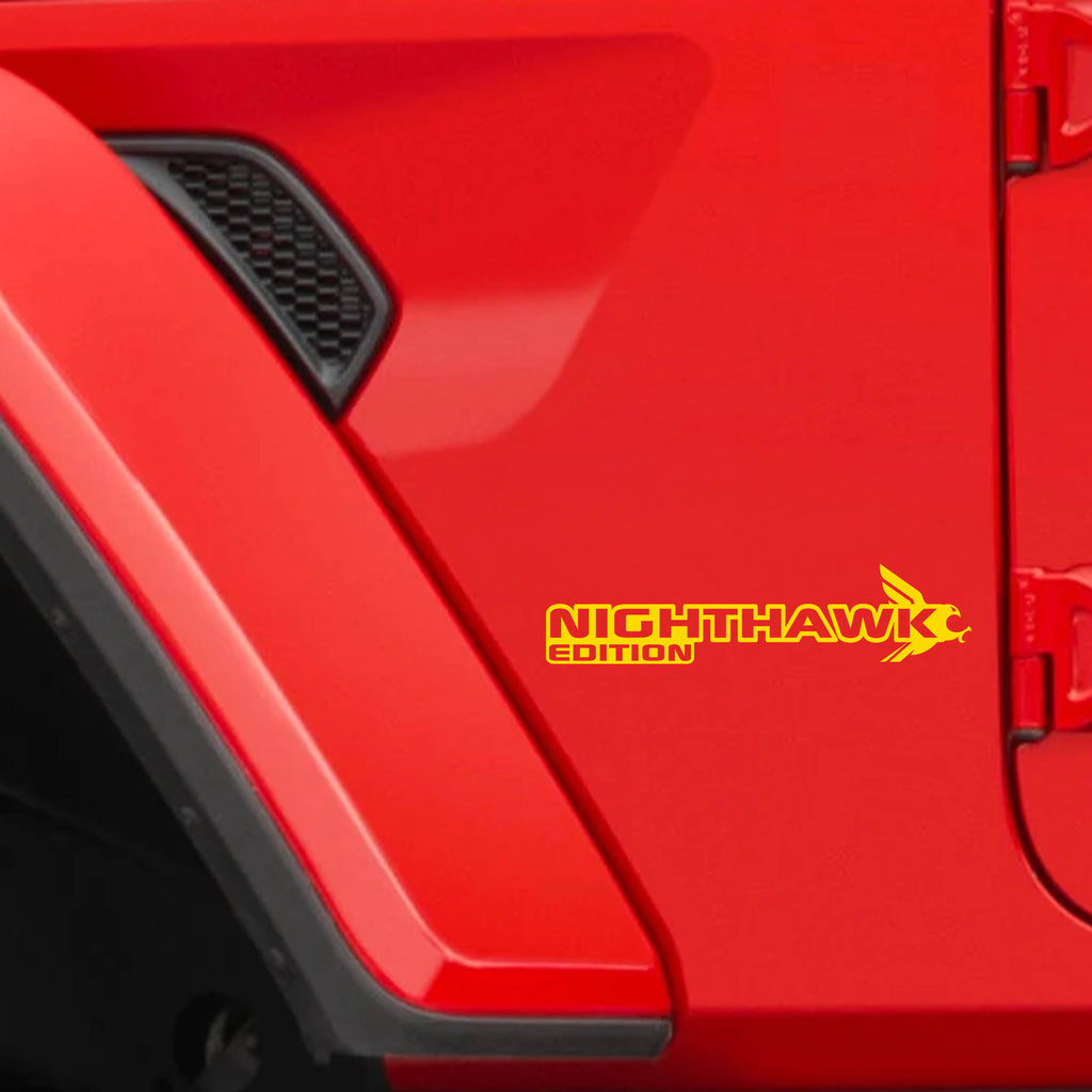 Nighthawk Edition fender decal shown in yellow for Jeep Wrangler JL and Gladiator JT