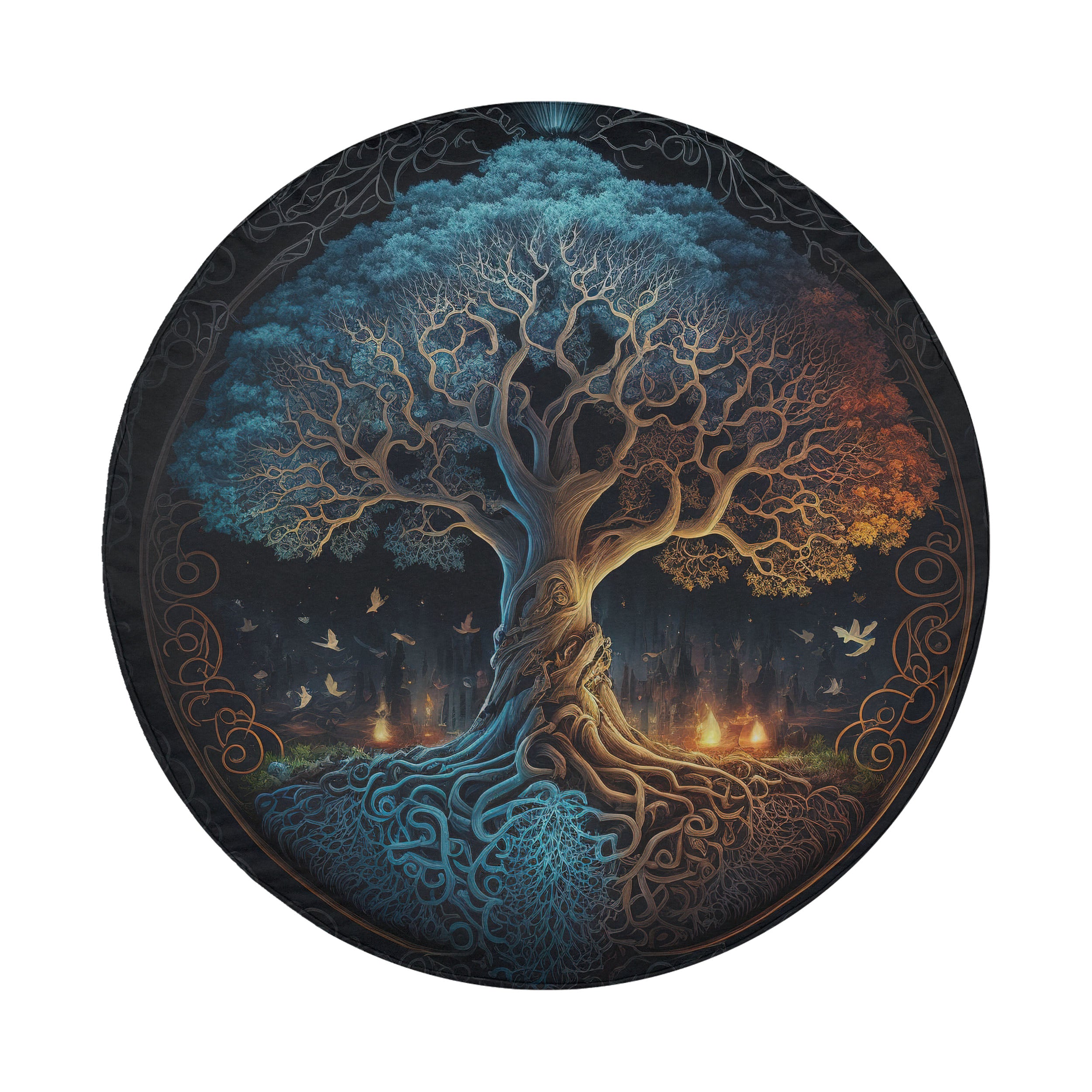 Norse Tree of Life spare tire cover no camera variant mounted on red Ford Bronco SUV red rock desert