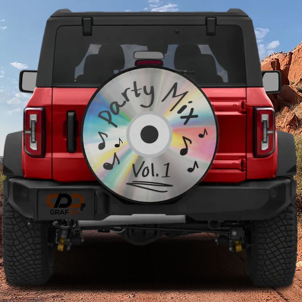 Party Mix Vol. 1 CD spare tire cover on a Ford Bronco tailgate