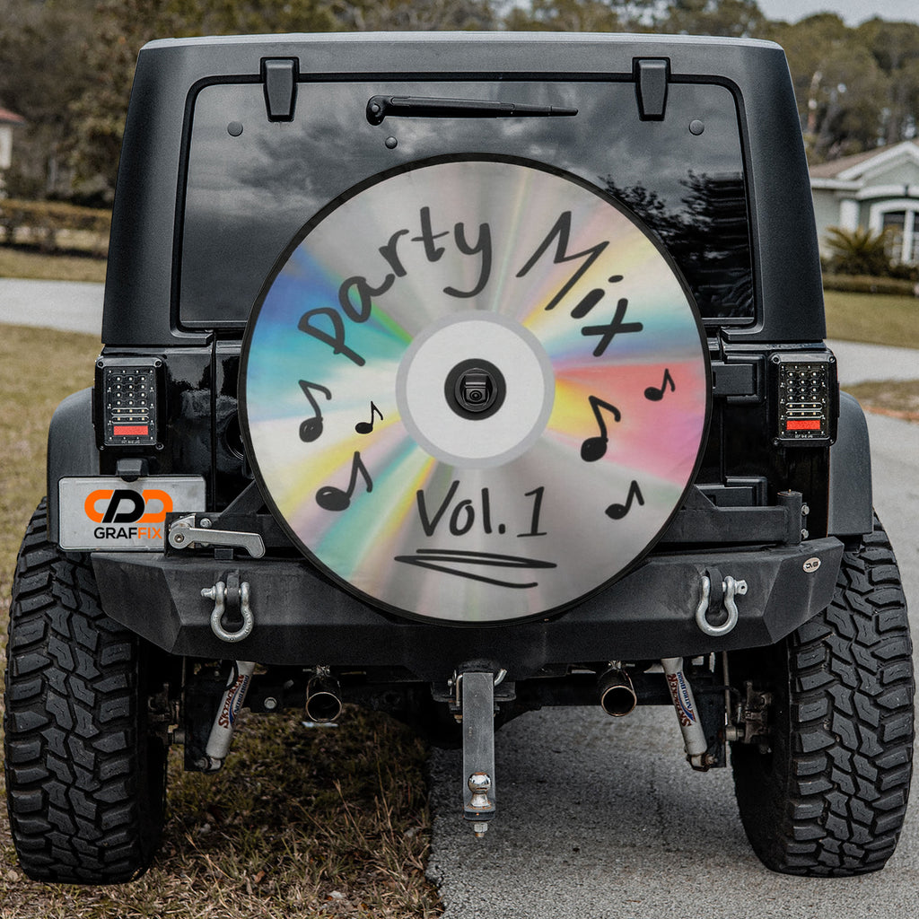 Party Mix Vol. 1 CD spare tire cover on a Jeep Wrangler, showing the Sharpie-labeled mix disc design
