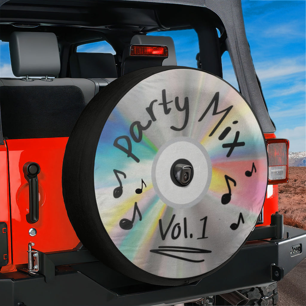 Party Mix Vol. 1 CD spare tire cover with a backup camera hole on a Jeep Wrangler tailgate