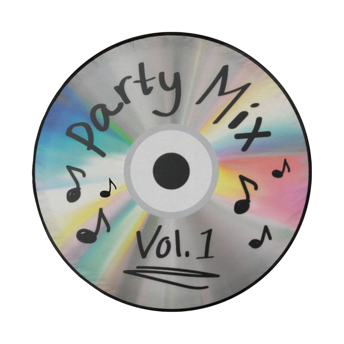 Party Mix Vol. 1 CD spare tire cover without a camera hole, showing the rainbow disc and doodled music notes