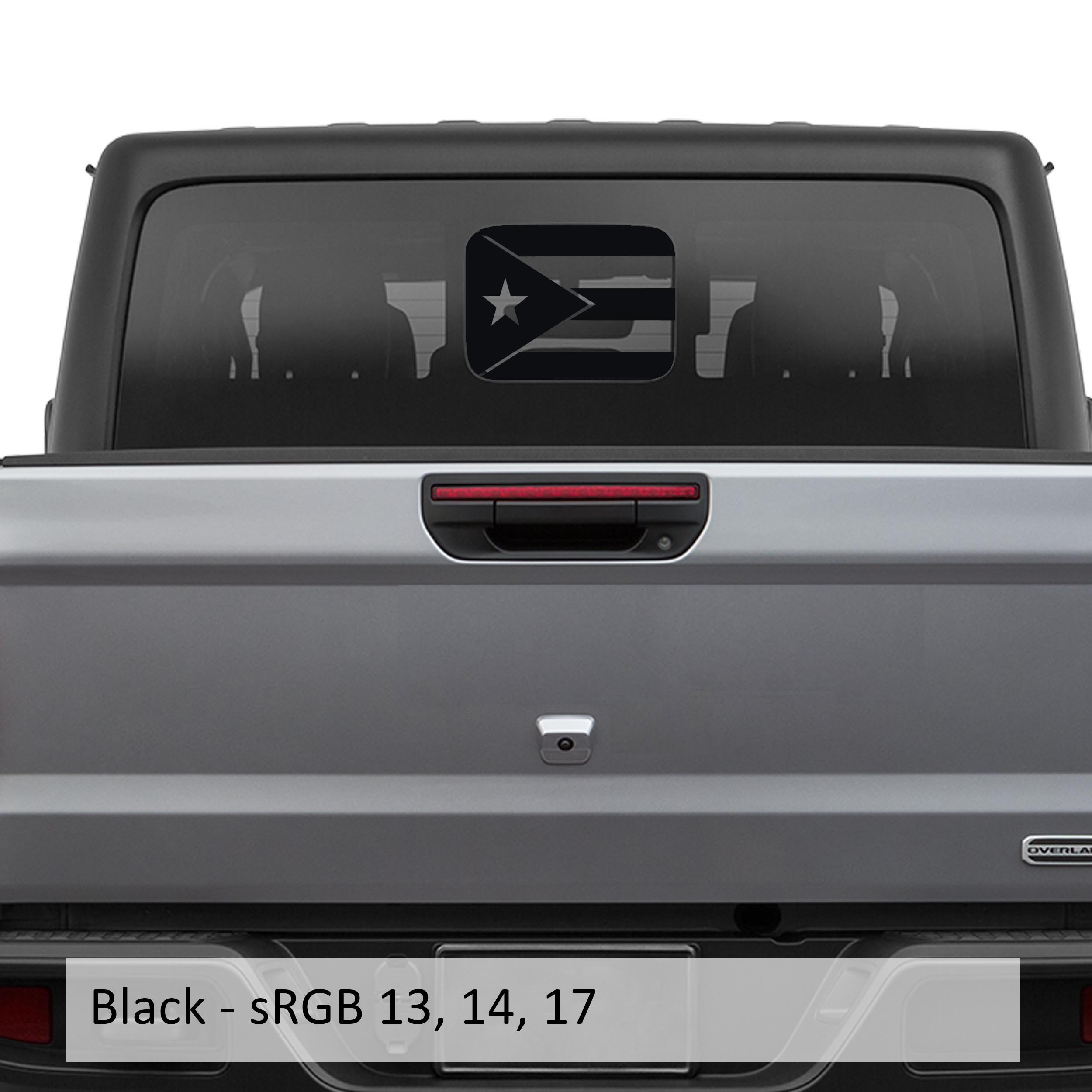 Black Puerto Rico flag rear sliding window vinyl decal swatch for Jeep Gladiator JT