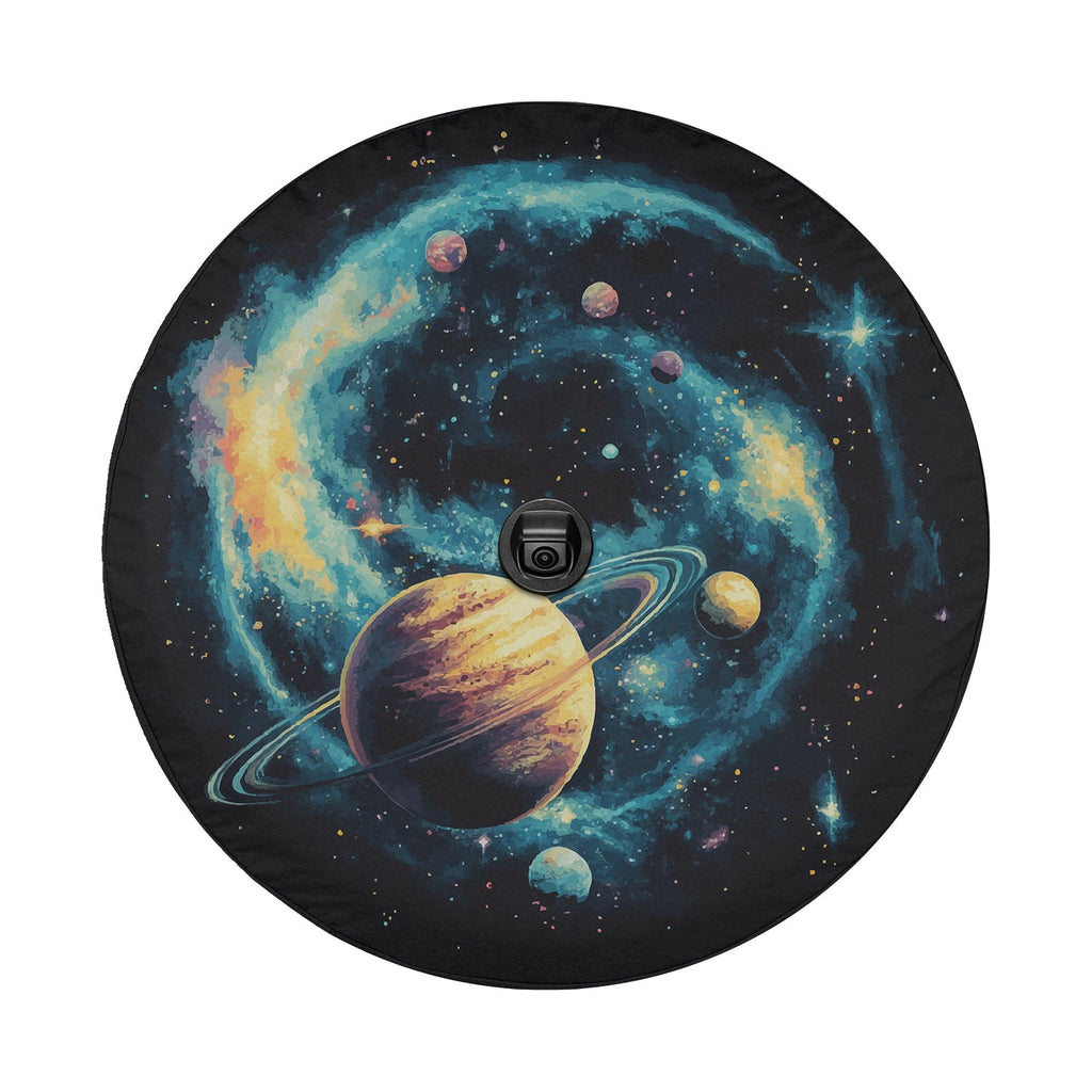 Planetary Pathways spare tire cover laid flat for fitment showing the orbiting planets design across the canvas
