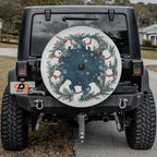 Polar Bear Christmas Wreath spare tire cover installed on black Jeep Wrangler with camera cutout port