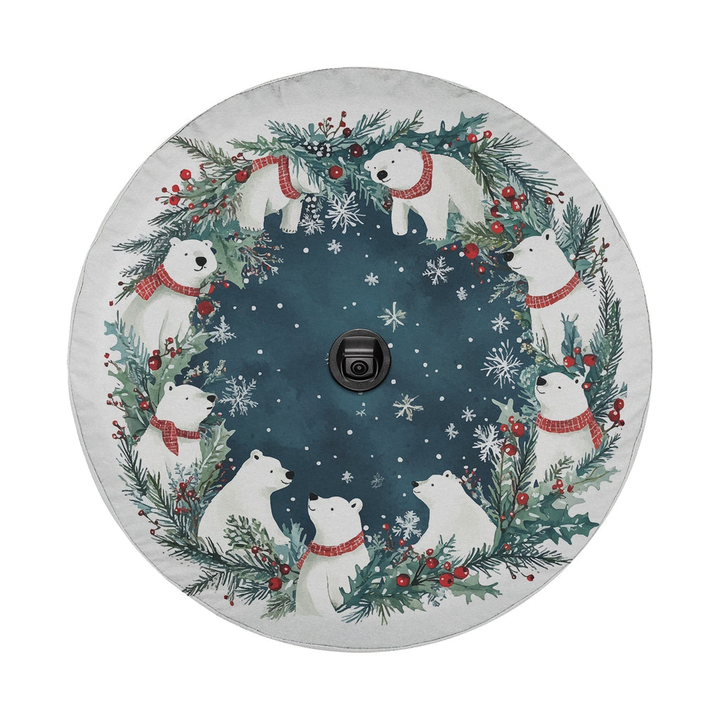 Polar Bear Wreath tire cover detail navy snowfall center watercolor white bears red scarves border