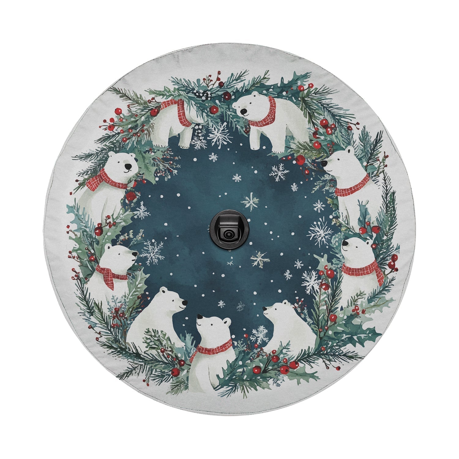 Polar Bear Wreath tire cover detail navy snowfall center watercolor white bears red scarves border