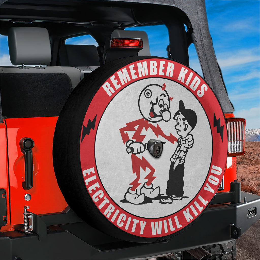Remember Kids Electricity Will Kill You spare tire cover on a red Jeep Wrangler, showing Reddy Kilowatt zapping a boy