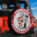 Remember Kids Electricity Will Kill You spare tire cover on a red Jeep Wrangler, showing Reddy Kilowatt zapping a boy