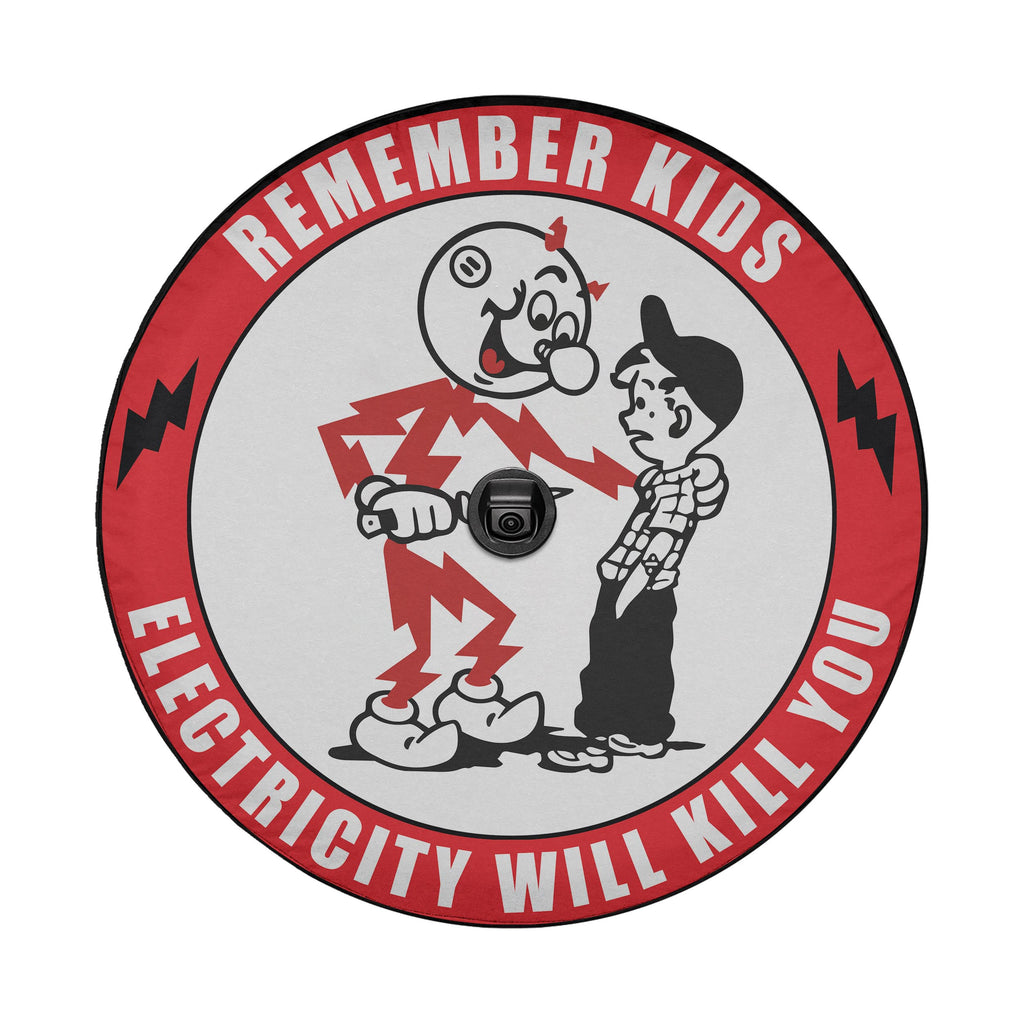 Remember Kids Electricity Will Kill You spare tire cover with a backup camera hole, showing Reddy Kilowatt and a boy inside a red ring