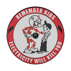 Remember Kids Electricity Will Kill You spare tire cover with a backup camera hole, showing Reddy Kilowatt and a boy inside a red ring
