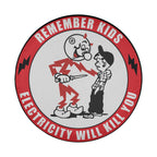Remember Kids Electricity Will Kill You spare tire cover without a camera hole, showing Reddy Kilowatt handing a boy a screwdriver