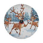 Reindeer Games spare tire cover flat round product shot with three cheerful reindeer in winter pine forest scene