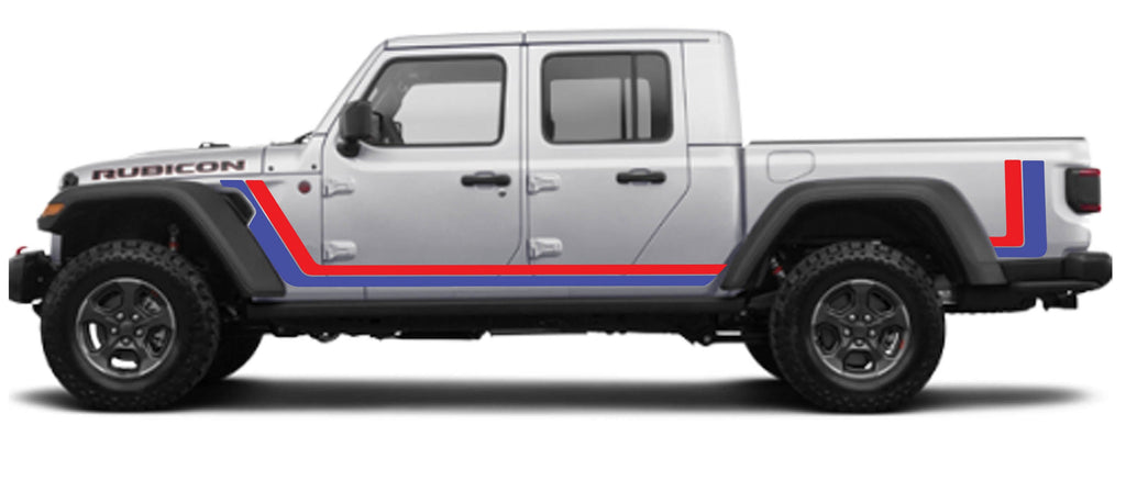 Blue and red retro Scrambler body stripe kit applied along the side of a 2020+ JT Gladiator
