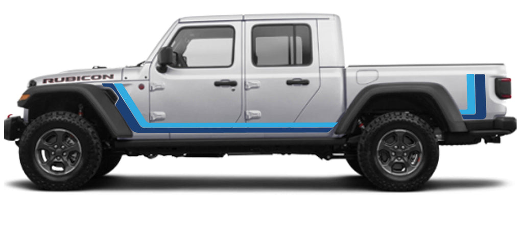 Blue and sky blue retro Scrambler body stripe kit on the side of a 2020+ JT Gladiator truck