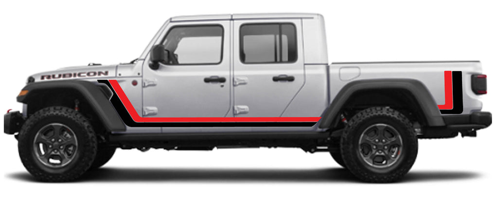 Black and red retro Scrambler body stripe kit applied along side of a 2020+ JT Gladiator