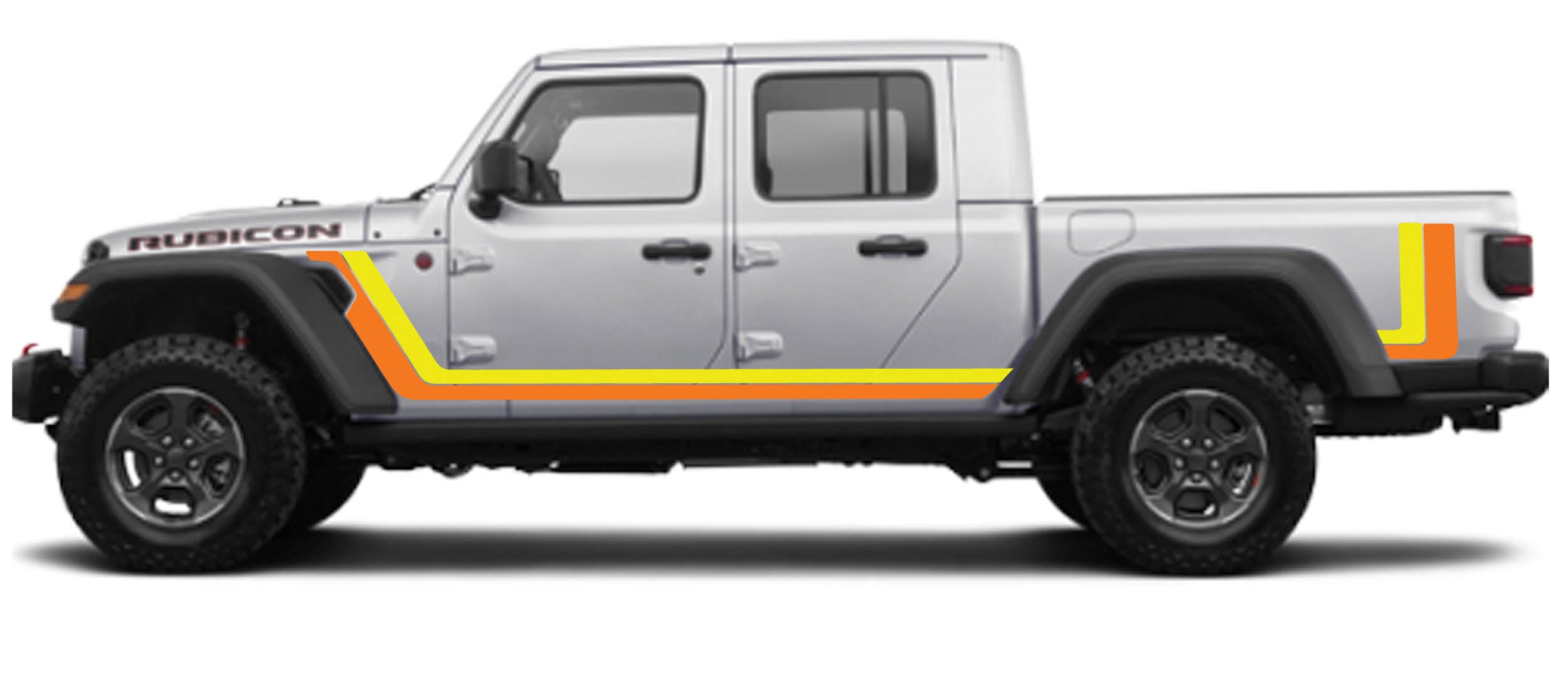 Orange and yellow retro Scrambler body stripe kit applied to side of a 2020+ JT Gladiator