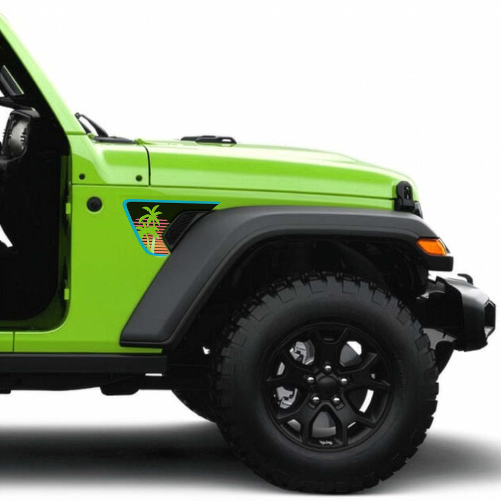 Electric blue retro sunset palm vent decal applied to a lime green Jeep Wrangler front fender
