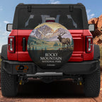 Rocky Mountain National Park spare tire cover mounted on a Ford Bronco tailgate