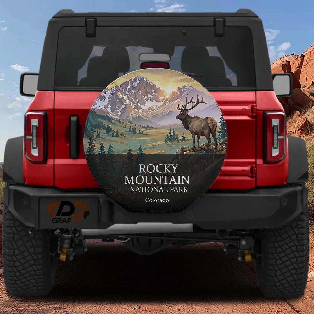 Rocky Mountain National Park spare tire cover mounted on a Ford Bronco tailgate