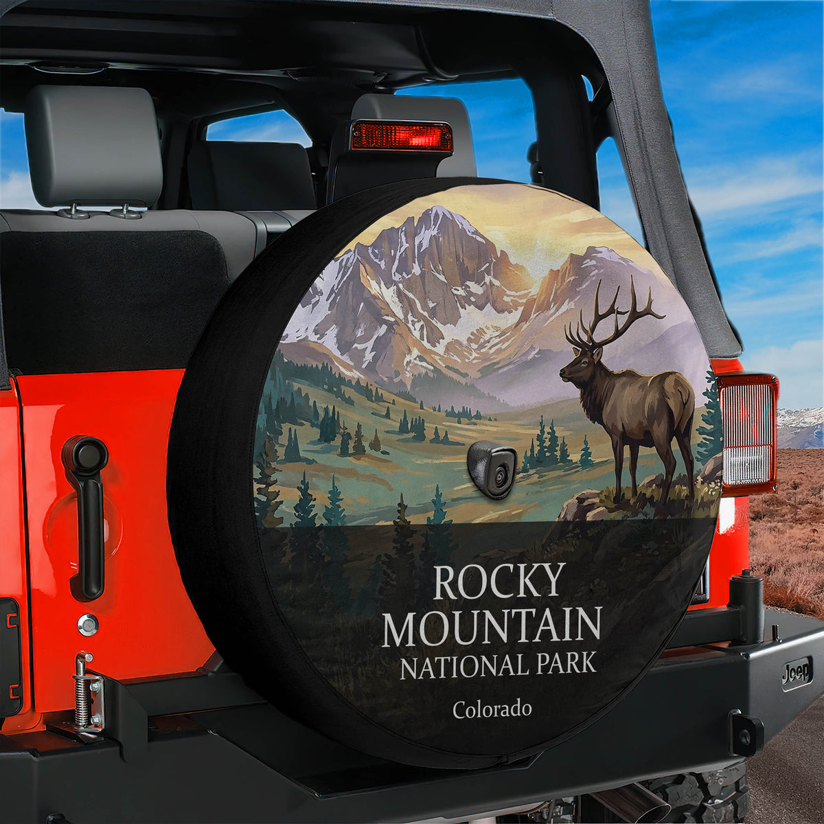 Rocky Mountain National Park spare tire cover mounted on a Jeep Wrangler tailgate